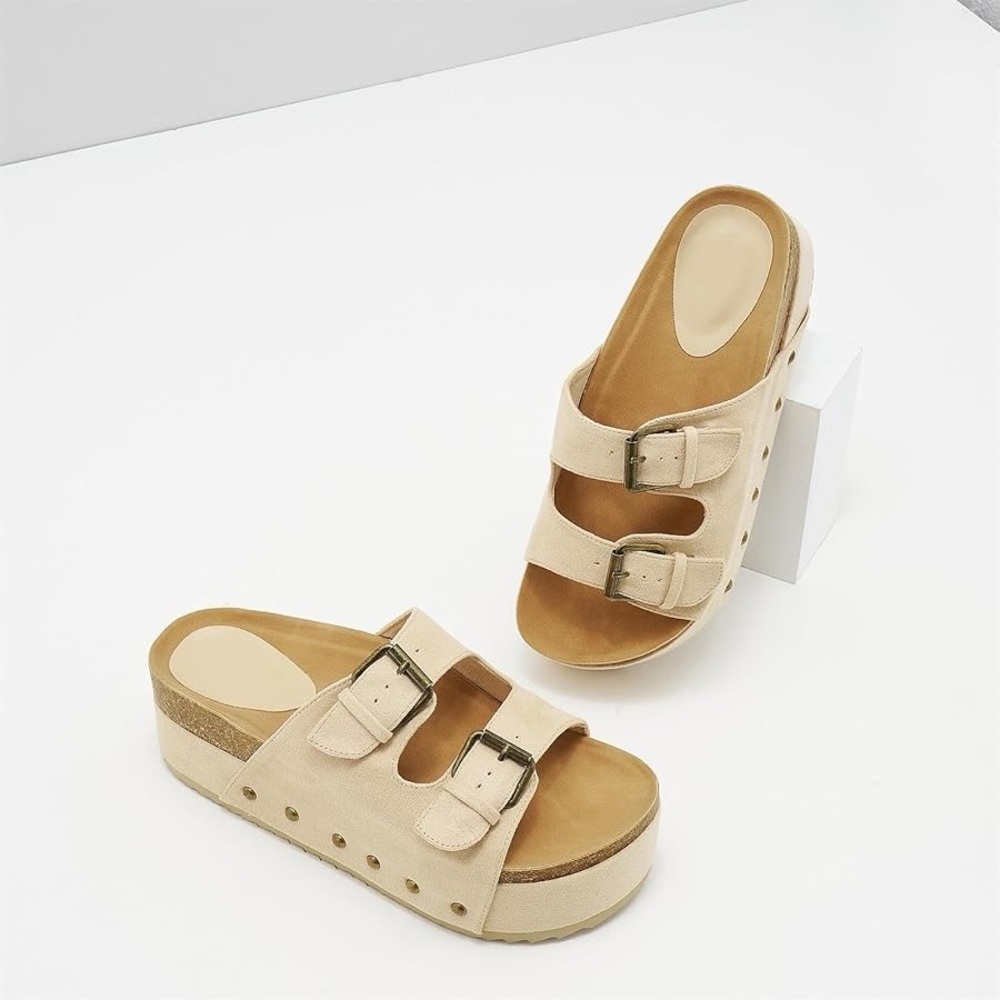 Women Metallic Platform Sandals Cork Footbed Heeled Slides Buckles clogs beige - Picture 2 of 7